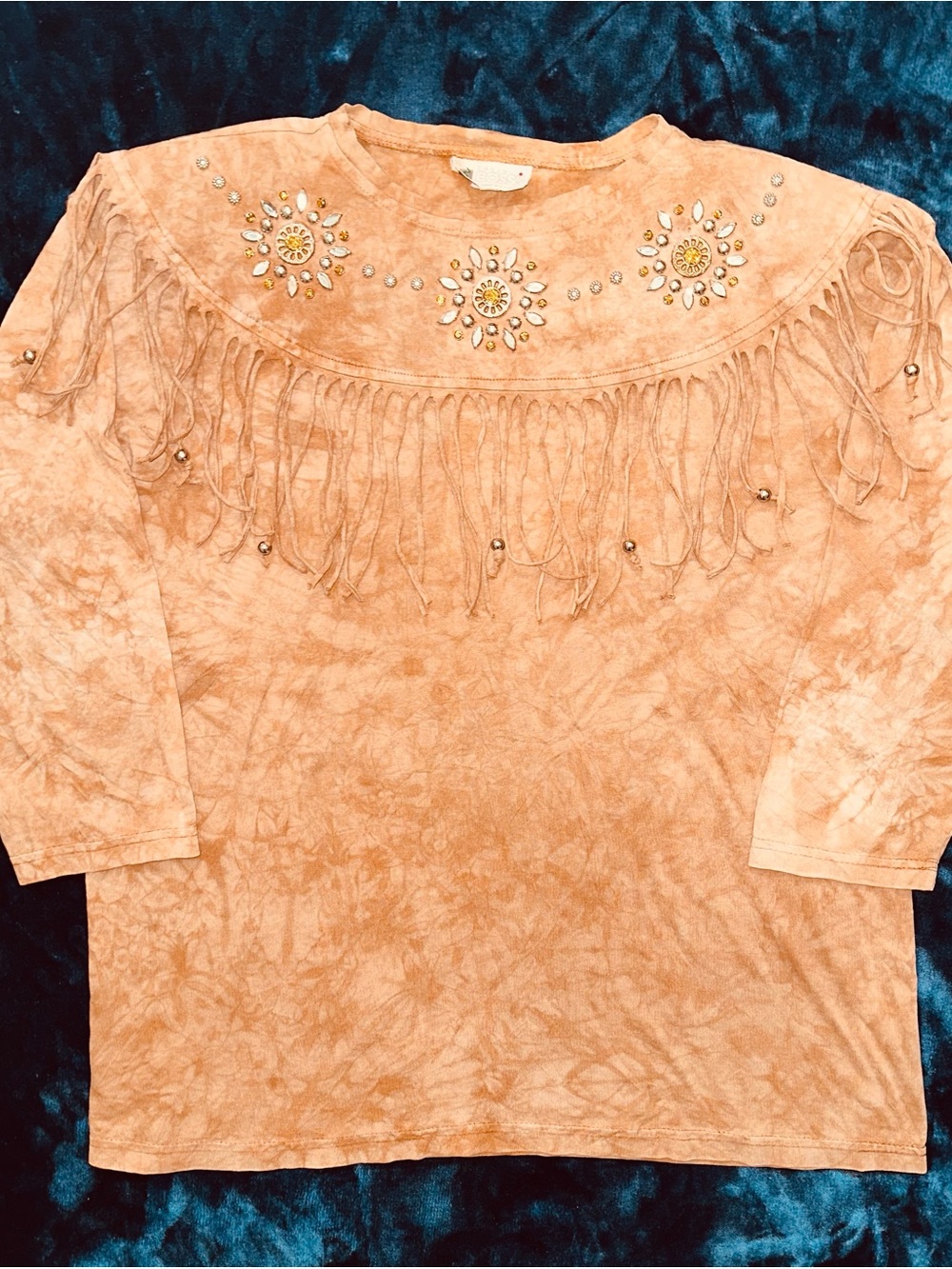 Vintage Western Fringe Top Womens One Size Rhinestones Studded Cowgirl Shirt USA